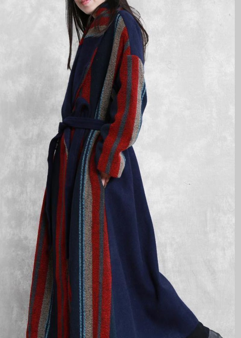 Nieuwe Plus Size Maxi-jas Blauw Rood Gestreept Wollen Jassen Met Strikband In De Taille - Dames trenchcoats