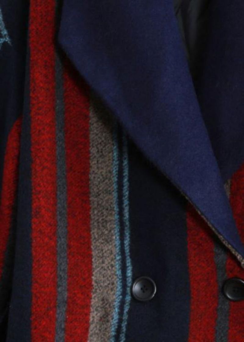 Nieuwe Plus Size Maxi-jas Blauw Rood Gestreept Wollen Jassen Met Strikband In De Taille - Dames trenchcoats