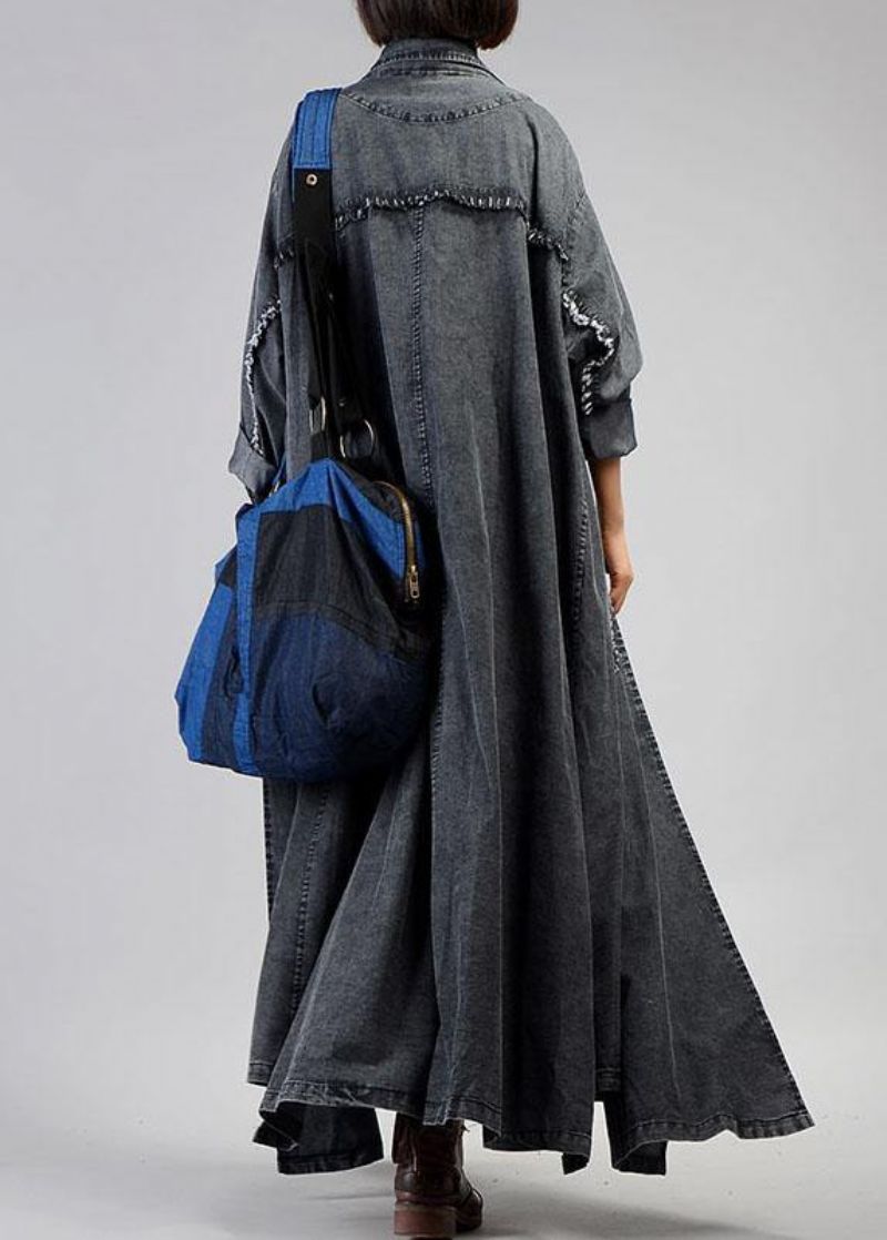 Nieuwe Plus Size Maxi-jas Herfst Denim Zwart Notched Jas Met Grote Zakken Voor Dames - Denimzwart