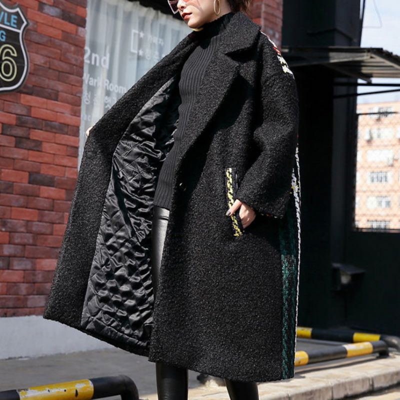 Nieuwe Zwarte Winterjas Oversized Gekerfde Achterkant Open Maxi-jas Dameszakken Patchwork Lange Jassen - Dames trenchcoats