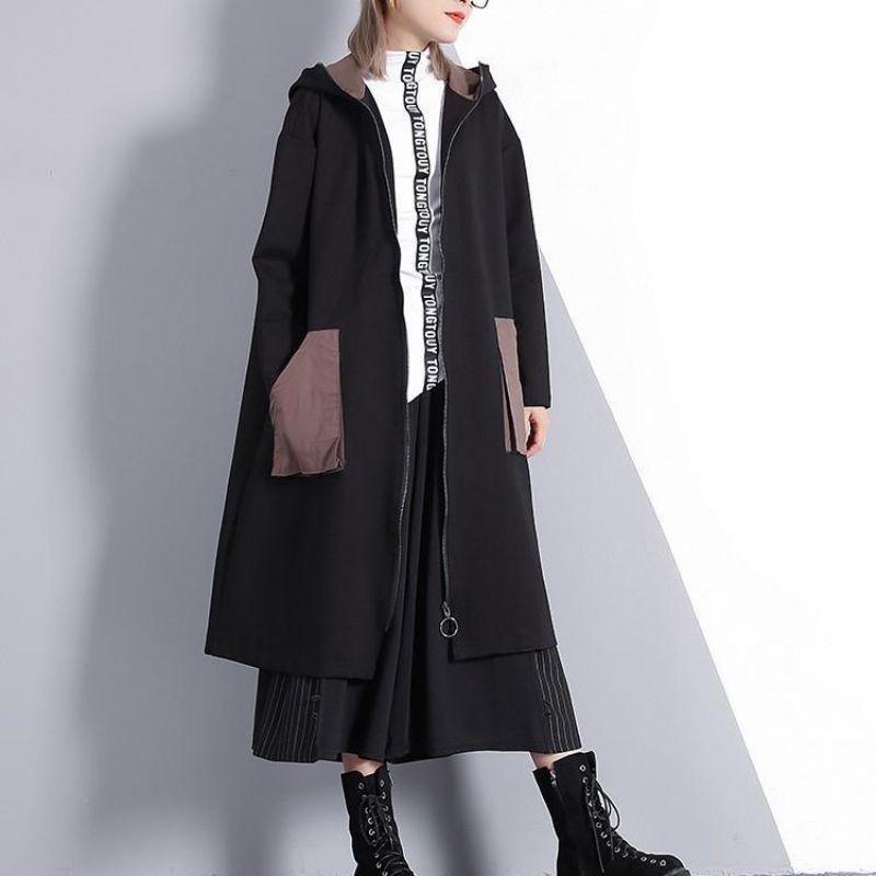 Nieuwe Zwarte Winterjas Oversized Trenchcoat Met Ritssluiting En Fijne Zakken - Dames trenchcoats