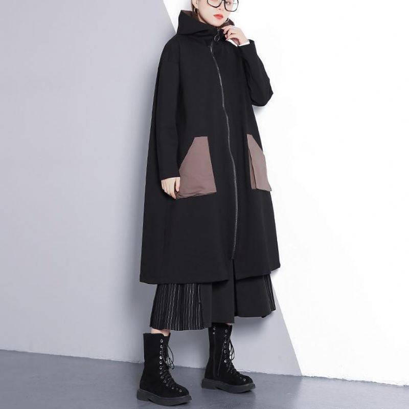 Nieuwe Zwarte Winterjas Oversized Trenchcoat Met Ritssluiting En Fijne Zakken - Dames trenchcoats