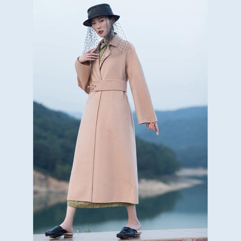 Nude Roze Wollen Jas Plus Maat Gestrikte Taille Winterjas Jas Met Reverskraag - Dames trenchcoats