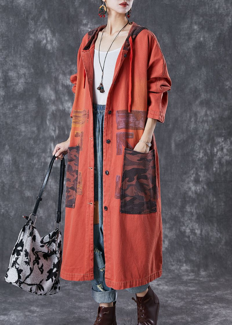 Oranje Patchwork Katoenen Trenchcoat Oversized Grote Zakken Herfst