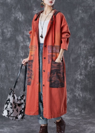 Oranje Patchwork Katoenen Trenchcoat Oversized Grote Zakken Herfst