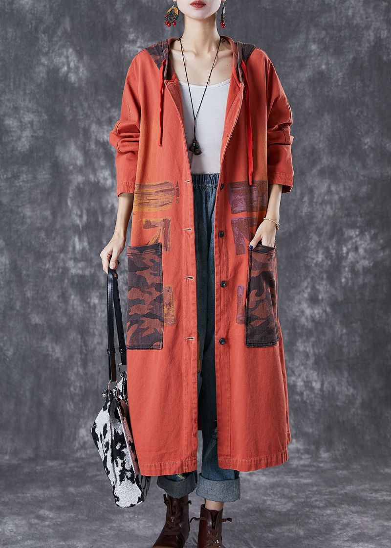 Oranje Patchwork Katoenen Trenchcoat Oversized Grote Zakken Herfst - Dames trenchcoats