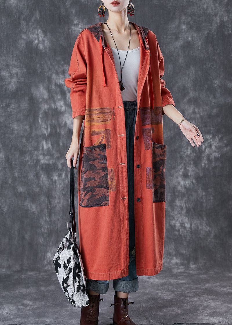 Oranje Patchwork Katoenen Trenchcoat Oversized Grote Zakken Herfst - Dames trenchcoats