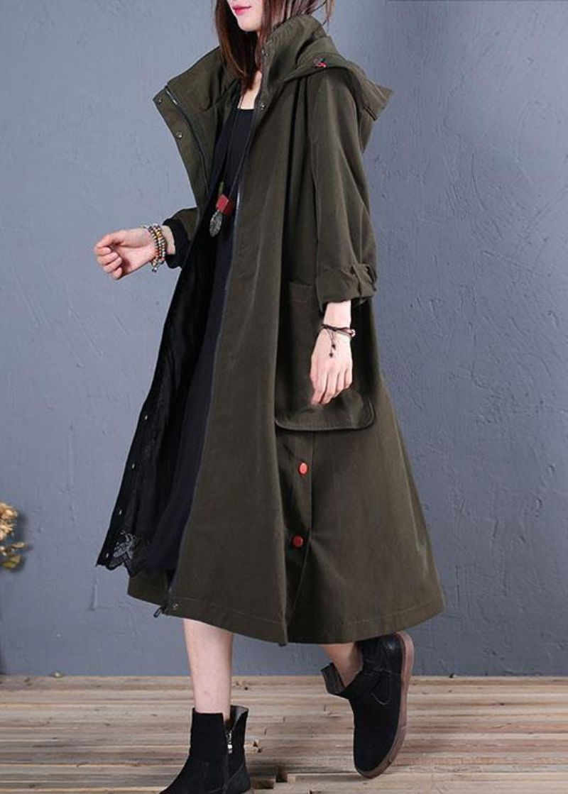 Oversized Damesjassen Herfstgroene Jassen Met Open Kap En Capuchon - Dames trenchcoats