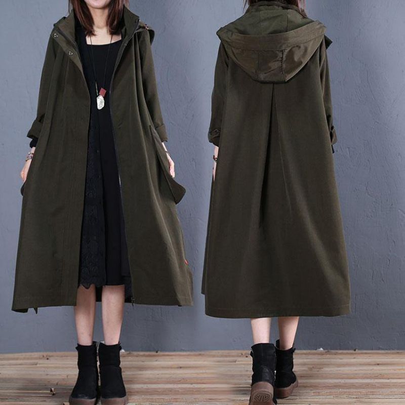 Oversized Damesjassen Herfstgroene Jassen Met Open Kap En Capuchon - Dames trenchcoats