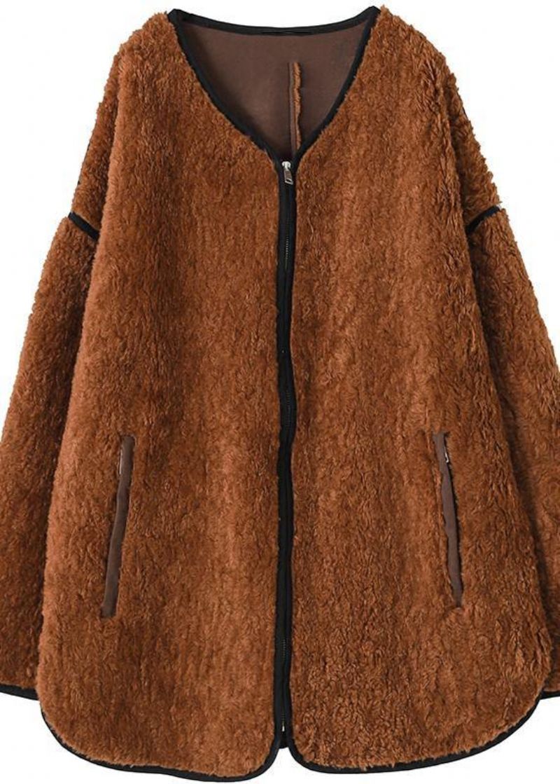 Oversized Jassen Dames Chocoladekleurige Wollen Jas Met O-hals En Ritssluiting - Dames trenchcoats