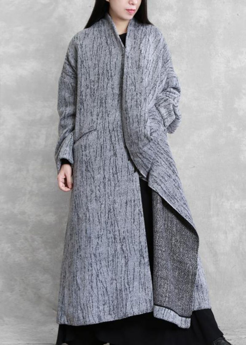 Oversized Lange Jas Dames Grijze Asymmetrische Zakken Wollen Jassen