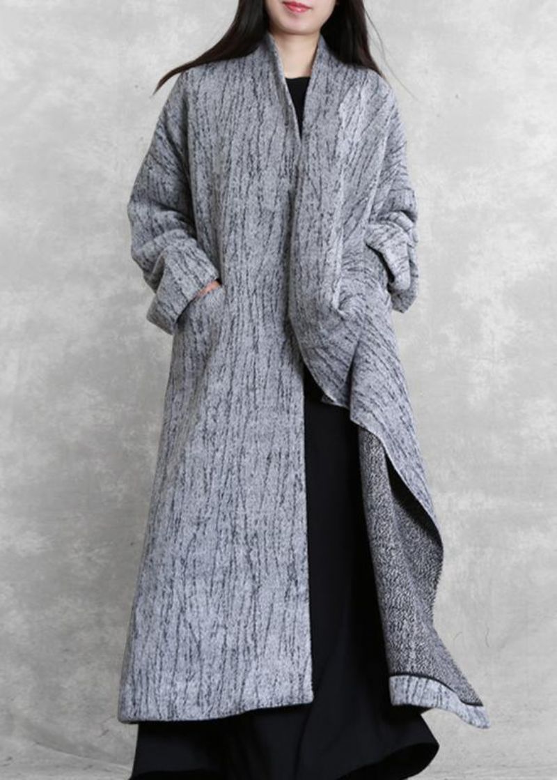 Oversized Lange Jas Dames Grijze Asymmetrische Zakken Wollen Jassen - Dames trenchcoats