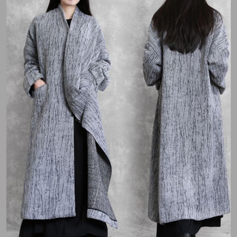 Oversized Lange Jas Dames Grijze Asymmetrische Zakken Wollen Jassen - Dames trenchcoats