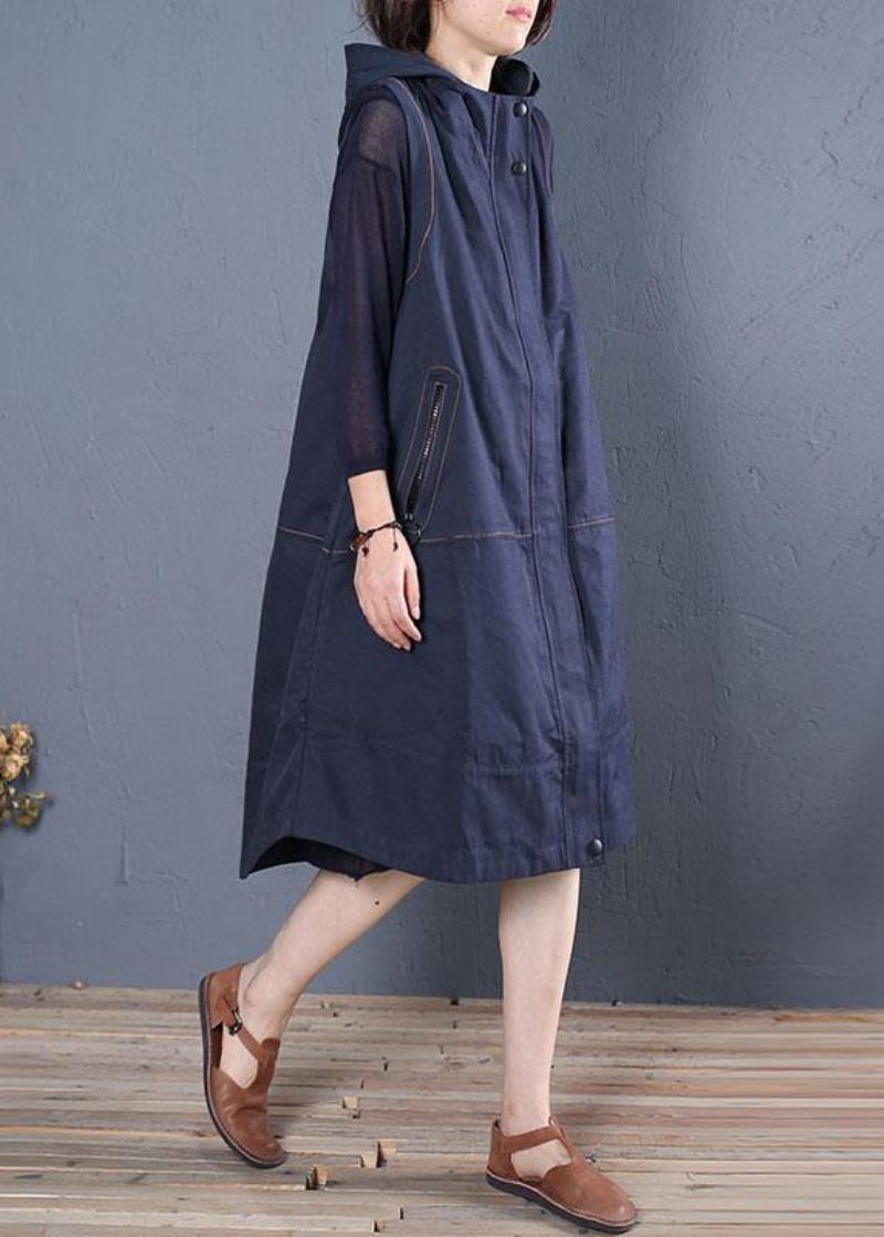 Oversized Lange Jas Herfstblauwe Mouwloze Jassen Met Capuchon - Dames trenchcoats