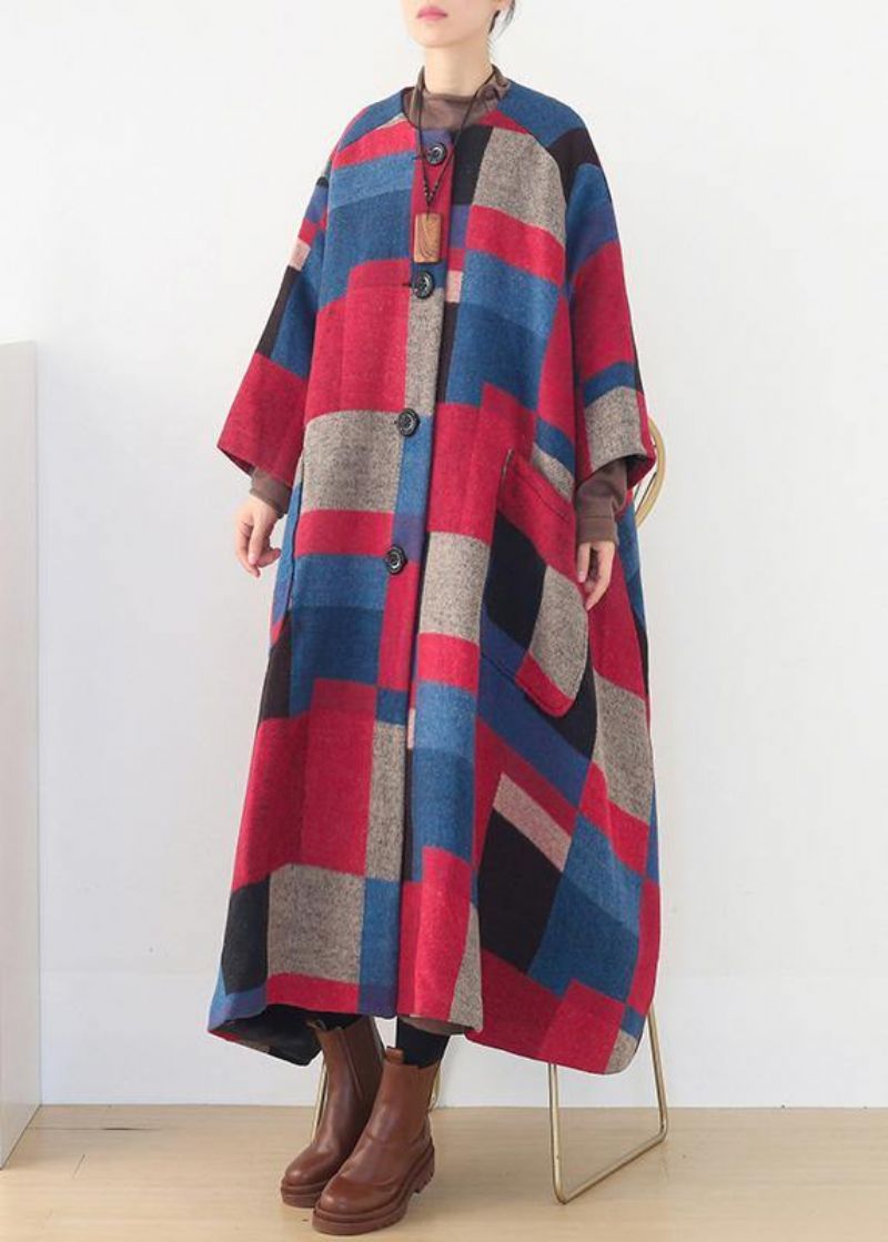 Oversized Maxi-jas Winter Kasjmier Jasrode Geruite Mode Wollen Uitloper