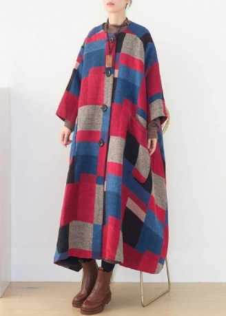 Oversized Maxi-jas Winter Kasjmier Jasrode Geruite Mode Wollen Uitloper