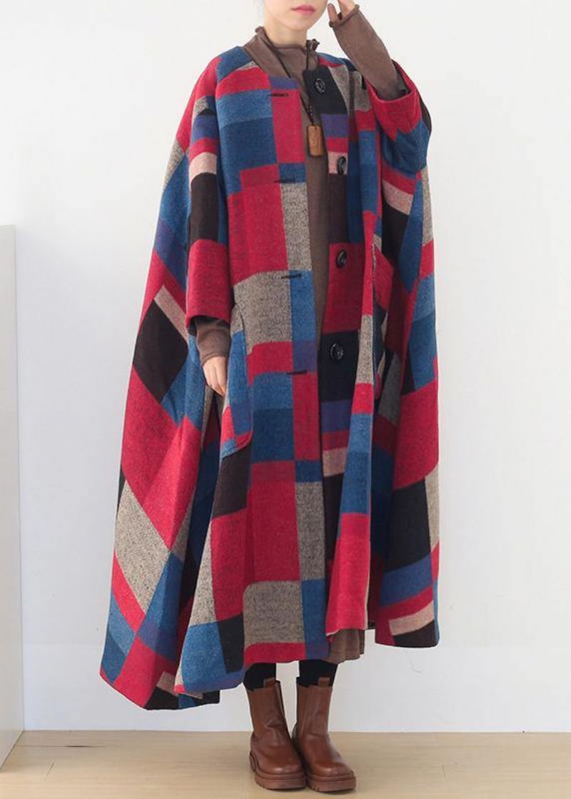 Oversized Maxi-jas Winter Kasjmier Jasrode Geruite Mode Wollen Uitloper - Rood