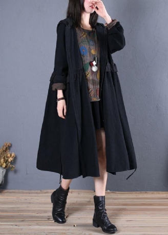 Oversized Trenchcoat Voor Dames Herfstzwarte Overjas Met Ruches En Capuchon