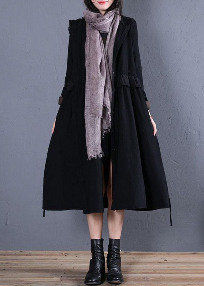 Oversized Trenchcoat Voor Dames Herfstzwarte Overjas Met Ruches En Capuchon - Dames trenchcoats