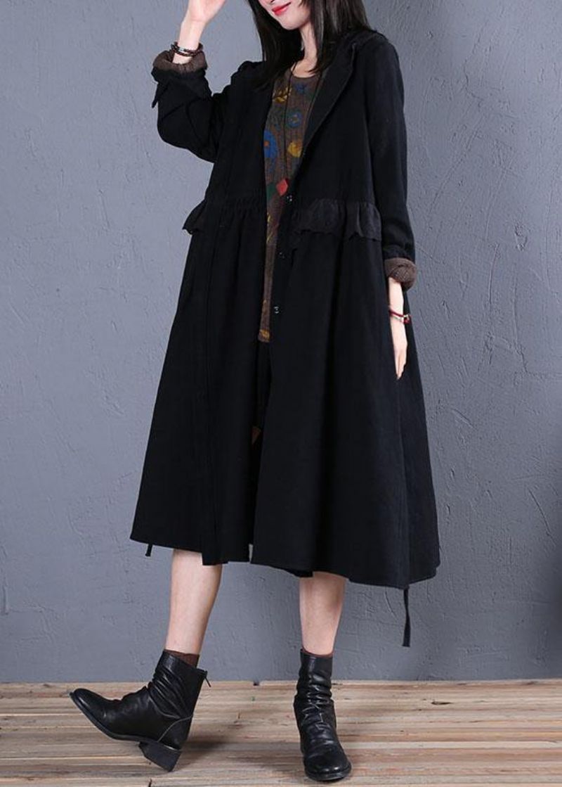 Oversized Trenchcoat Voor Dames Herfstzwarte Overjas Met Ruches En Capuchon - Dames trenchcoats