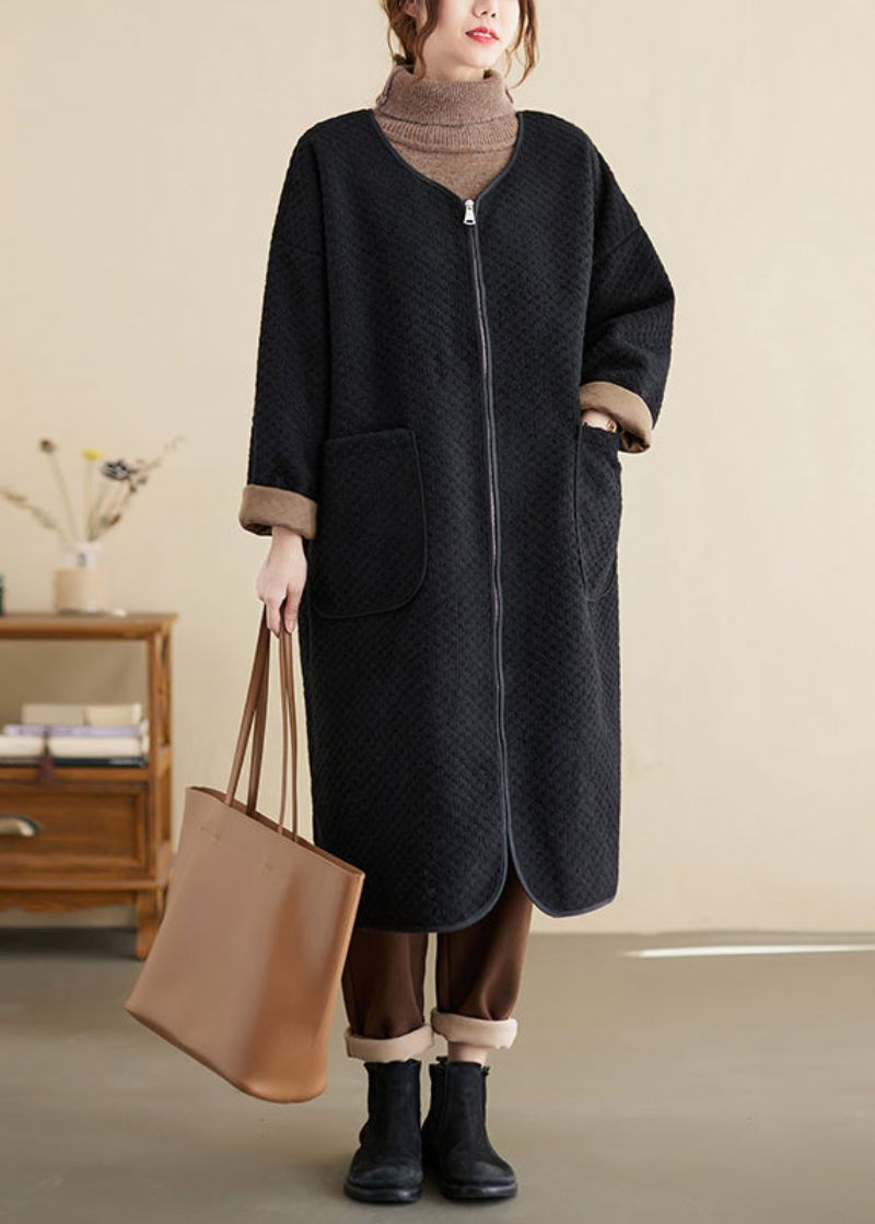 Oversized Zwarte Zakken Met Ritssluiting Patchwork Katoenen Trenchcoat Winter