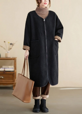 Oversized Zwarte Zakken Met Ritssluiting Patchwork Katoenen Trenchcoat Winter