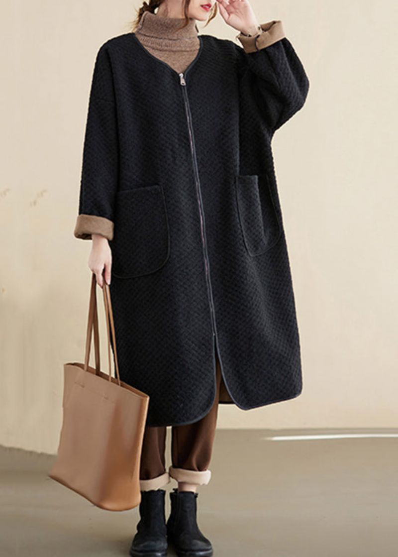 Oversized Zwarte Zakken Met Ritssluiting Patchwork Katoenen Trenchcoat Winter - Dames trenchcoats