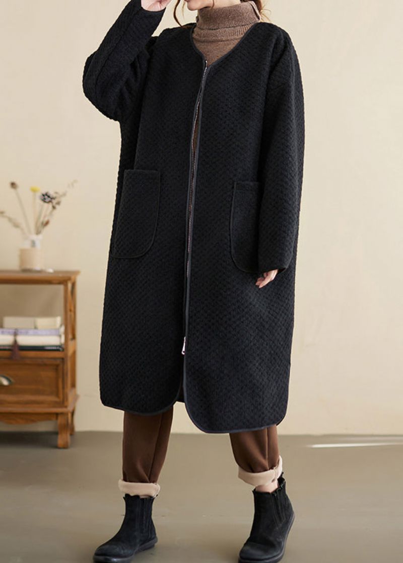 Oversized Zwarte Zakken Met Ritssluiting Patchwork Katoenen Trenchcoat Winter - Dames trenchcoats