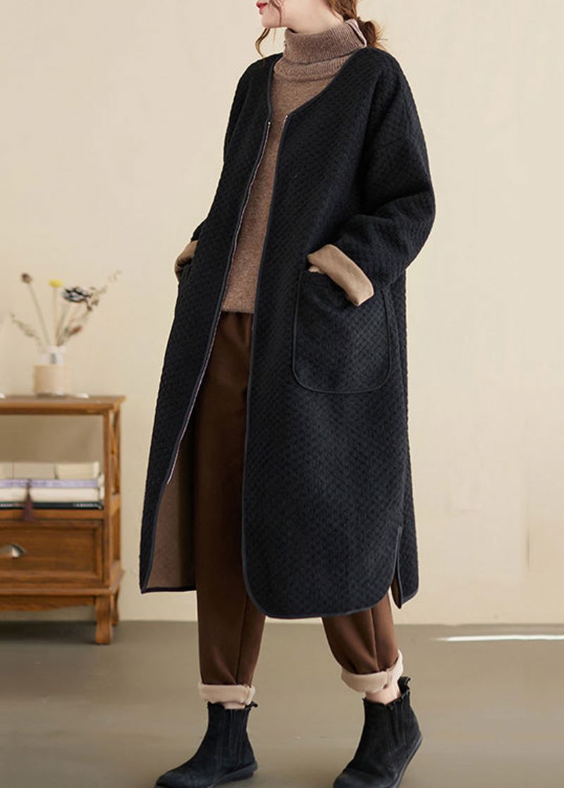 Oversized Zwarte Zakken Met Ritssluiting Patchwork Katoenen Trenchcoat Winter - Dames trenchcoats