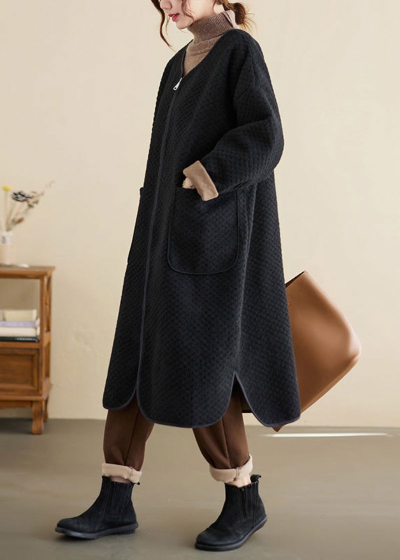 Oversized Zwarte Zakken Met Ritssluiting Patchwork Katoenen Trenchcoat Winter - Dames trenchcoats