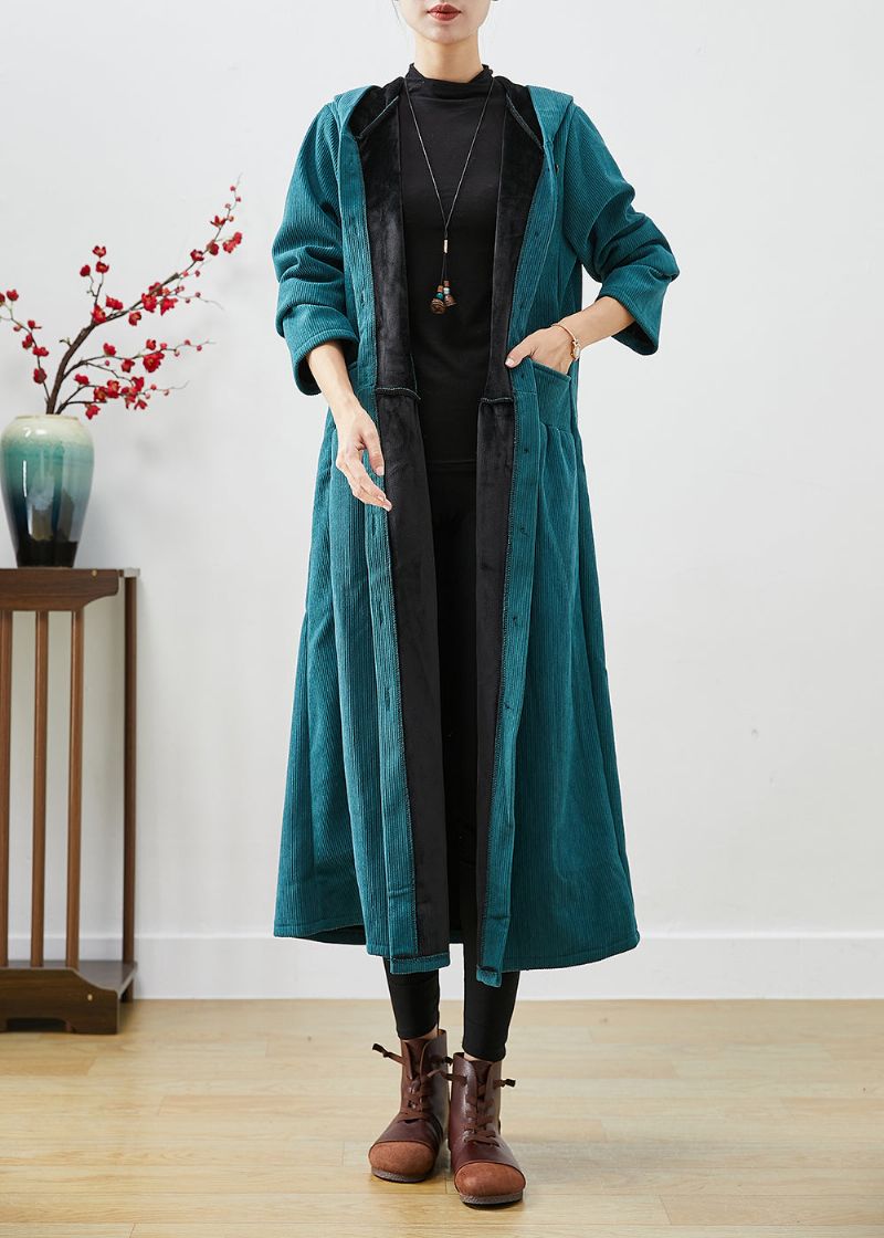 Pauwgroene Oversized Warme Fleece Corduroy Trenchcoat Met Capuchon Winter