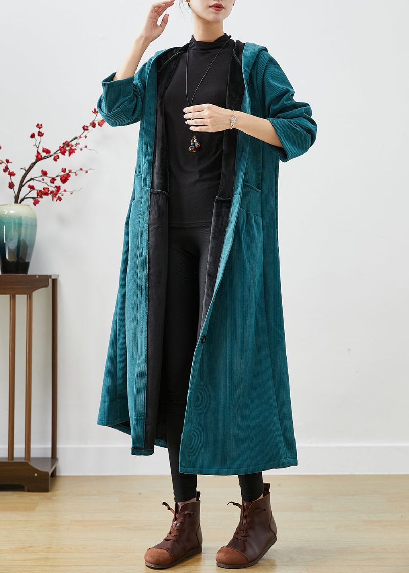 Pauwgroene Oversized Warme Fleece Corduroy Trenchcoat Met Capuchon Winter - Dames trenchcoats