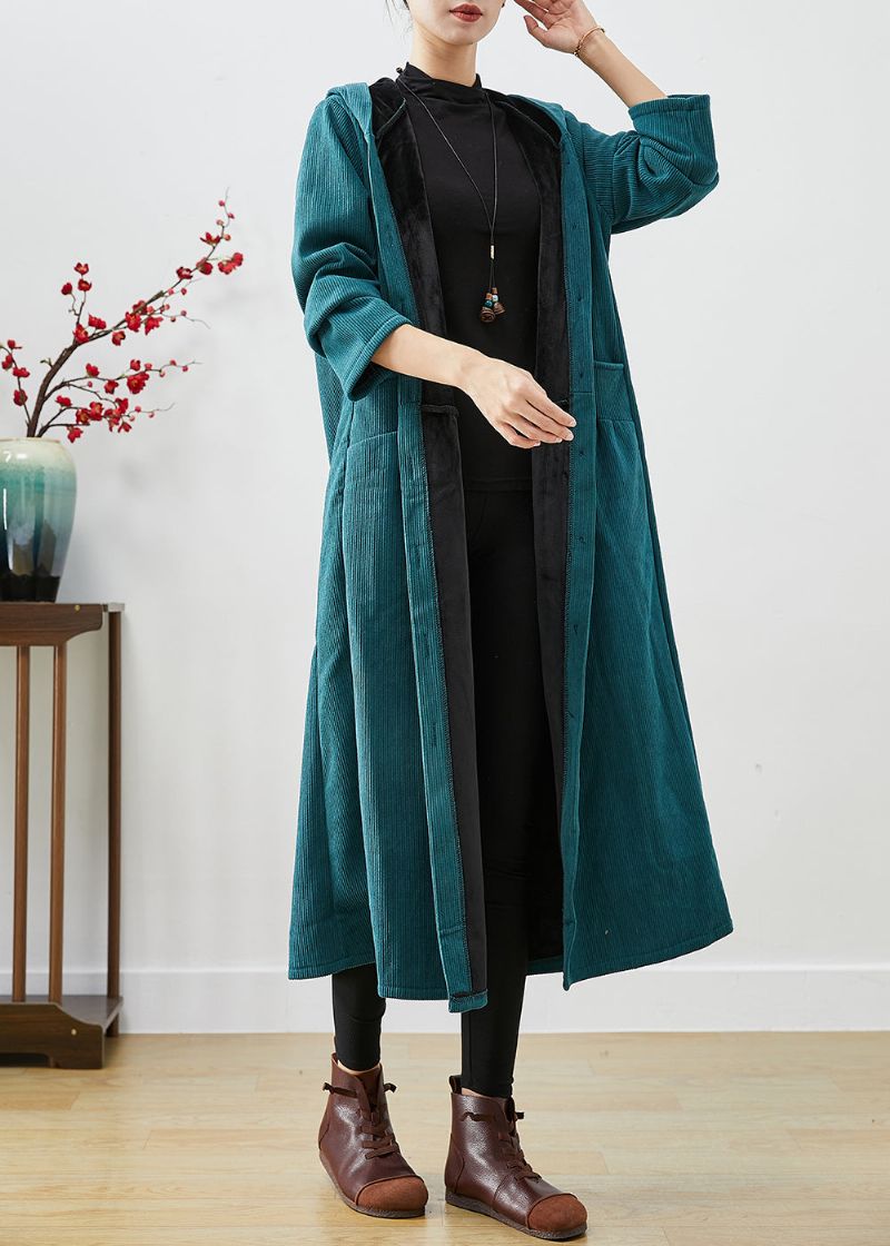 Pauwgroene Oversized Warme Fleece Corduroy Trenchcoat Met Capuchon Winter - Dames trenchcoats