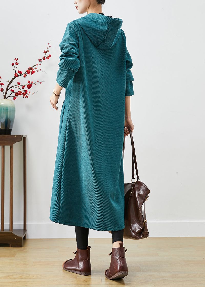 Pauwgroene Oversized Warme Fleece Corduroy Trenchcoat Met Capuchon Winter - Dames trenchcoats