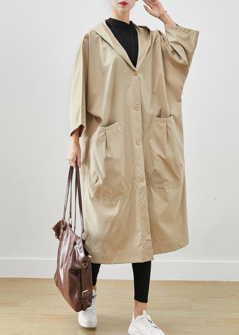 Plus Maat Beige Capuchon Oversized Katoenen Jassen Vleermuismouw