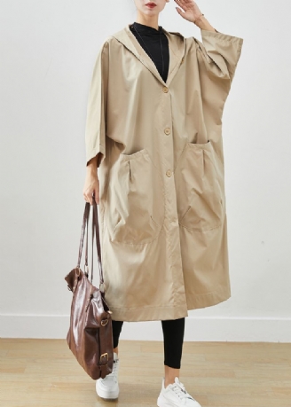 Plus Maat Beige Capuchon Oversized Katoenen Jassen Vleermuismouw