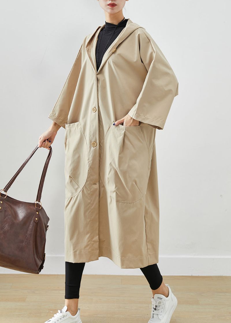 Plus Maat Beige Capuchon Oversized Katoenen Jassen Vleermuismouw - Dames trenchcoats