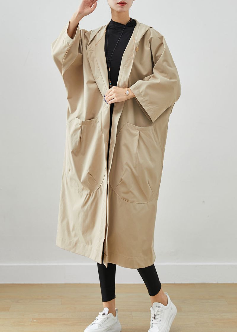 Plus Maat Beige Capuchon Oversized Katoenen Jassen Vleermuismouw - Dames trenchcoats