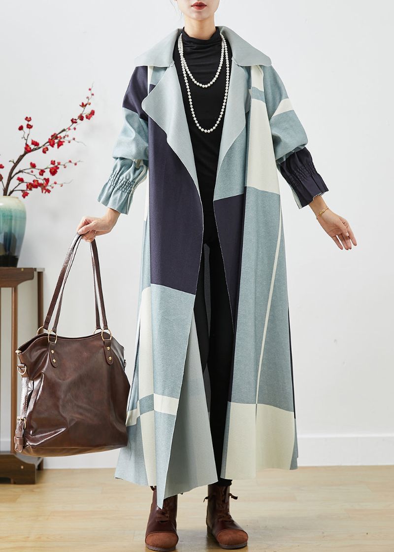 Plus Maat Blauw Oversized Patchwork Katoenen Trenchcoat Herfst