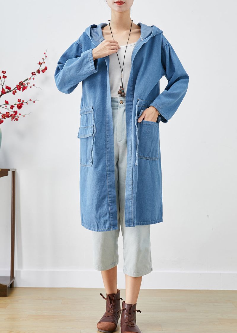 Plus Maat Blauwe Denim Trenchcoat Met Capuchon En Herfst