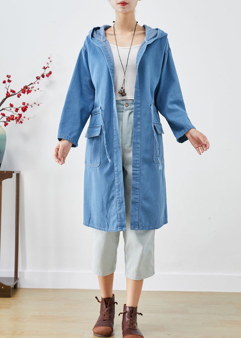 Plus Maat Blauwe Denim Trenchcoat Met Capuchon En Herfst - Dames trenchcoats