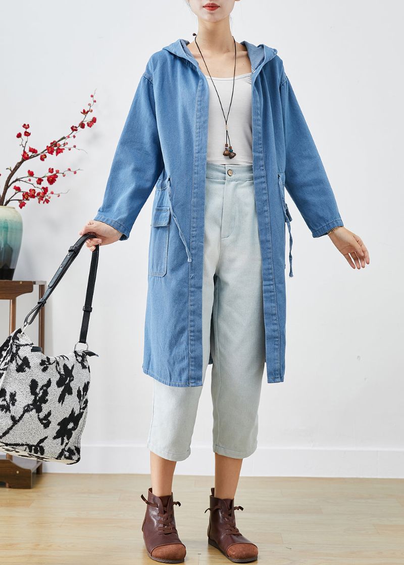 Plus Maat Blauwe Denim Trenchcoat Met Capuchon En Herfst - Dames trenchcoats