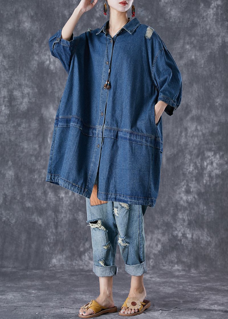 Plus Maat Blauwe Oversized Patchwork Denim Gescheurde Trenchcoats Herfst