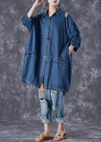 Plus Maat Blauwe Oversized Patchwork Denim Gescheurde Trenchcoats Herfst