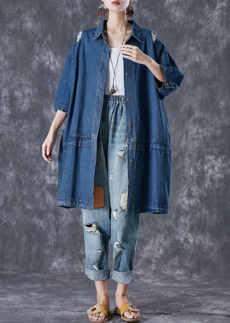 Plus Maat Blauwe Oversized Patchwork Denim Gescheurde Trenchcoats Herfst - Dames trenchcoats