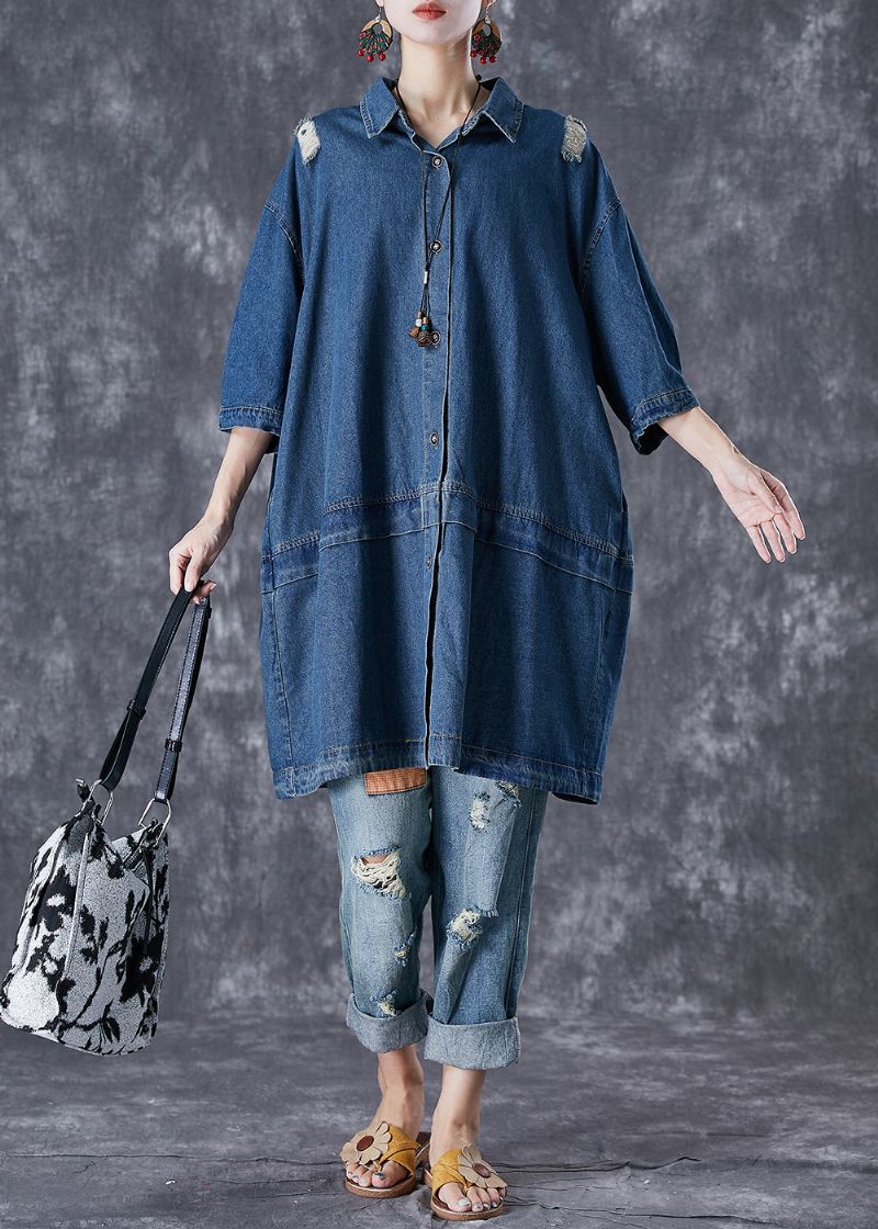 Plus Maat Blauwe Oversized Patchwork Denim Gescheurde Trenchcoats Herfst - Dames trenchcoats