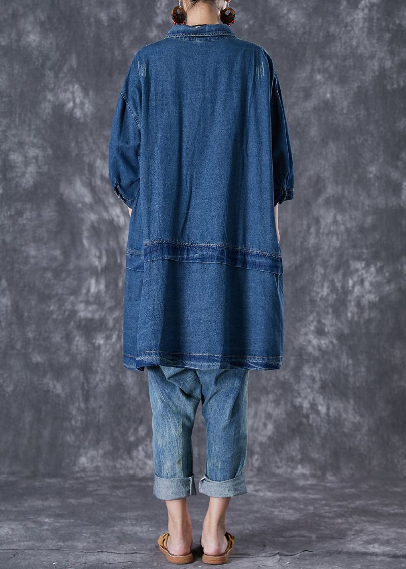 Plus Maat Blauwe Oversized Patchwork Denim Gescheurde Trenchcoats Herfst - Dames trenchcoats