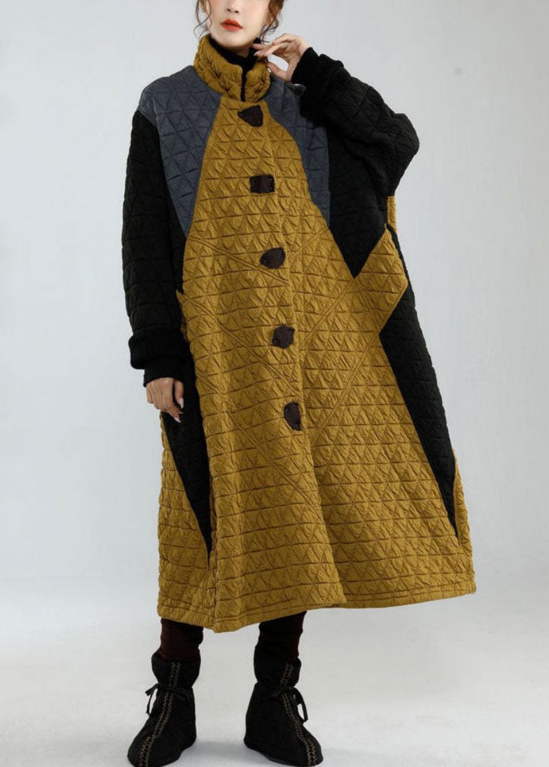 Plus Maat Colorblock Opstaande Kraag Oversized Patchwork Fijne Katoenen Gevulde Jassen Winter - Dames trenchcoats