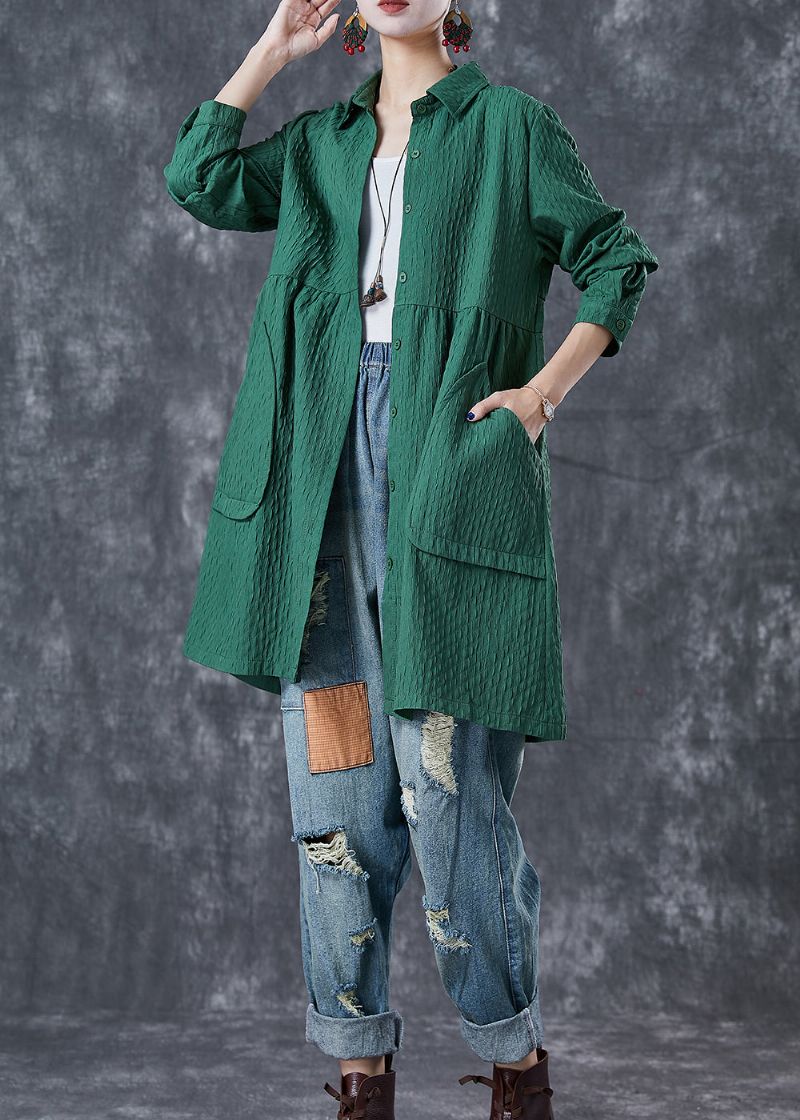 Plus Maat Groen Oversized Zakken Katoenen Trenchcoat Herfst - Dames trenchcoats