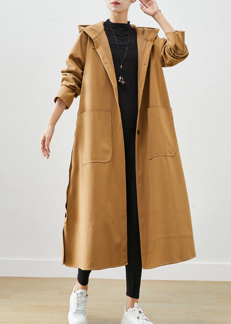 Plus Maat Kaki Zakken Met Capuchon Katoenen Trenchcoat Herfst